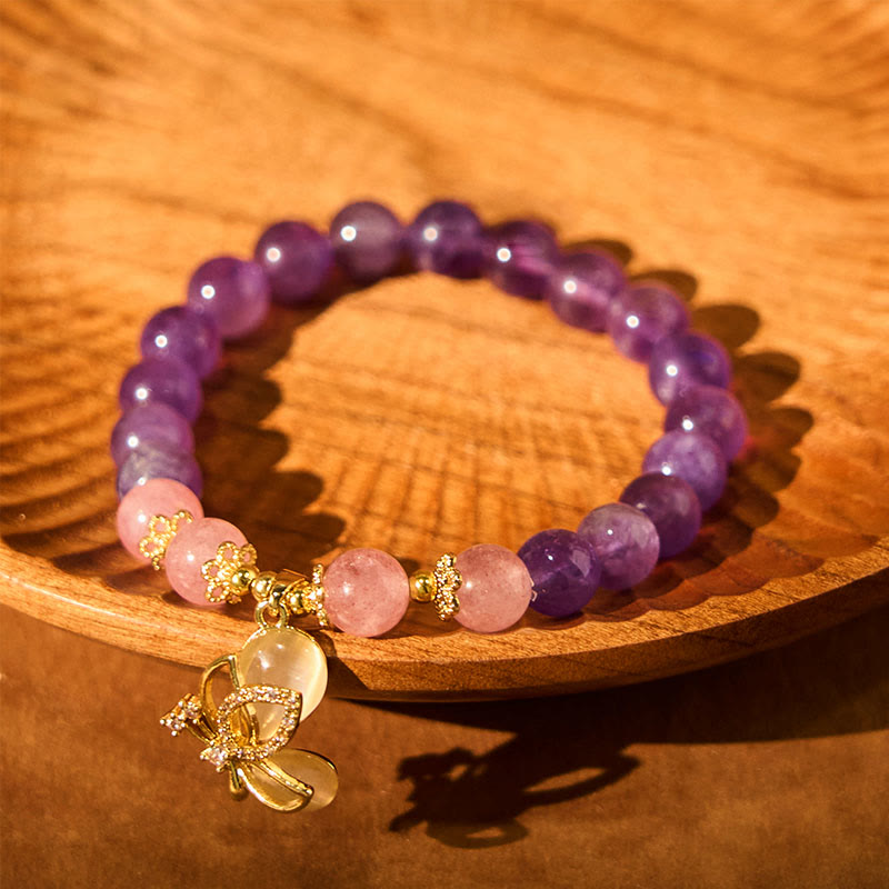 KarmaRipple's Authentic Amethyst Strawberry Quartz Gemstone Balancing Butterfly Talisman Bracelet p6