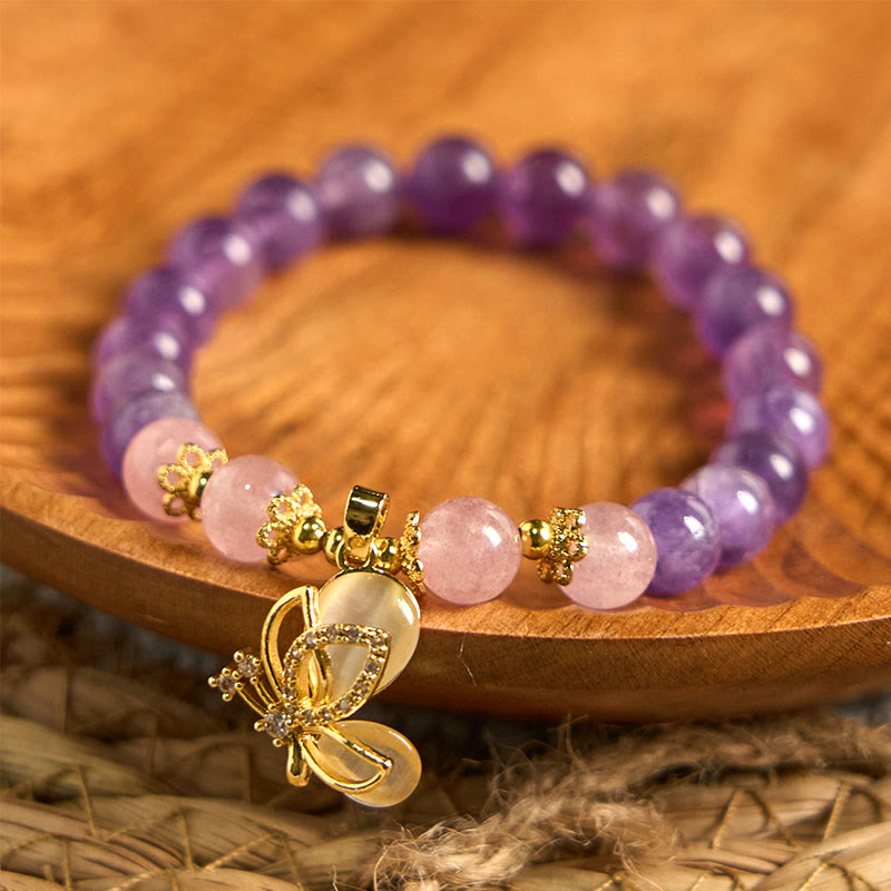 KarmaRipple's Authentic Amethyst Strawberry Quartz Gemstone Balancing Butterfly Talisman Bracelet p4