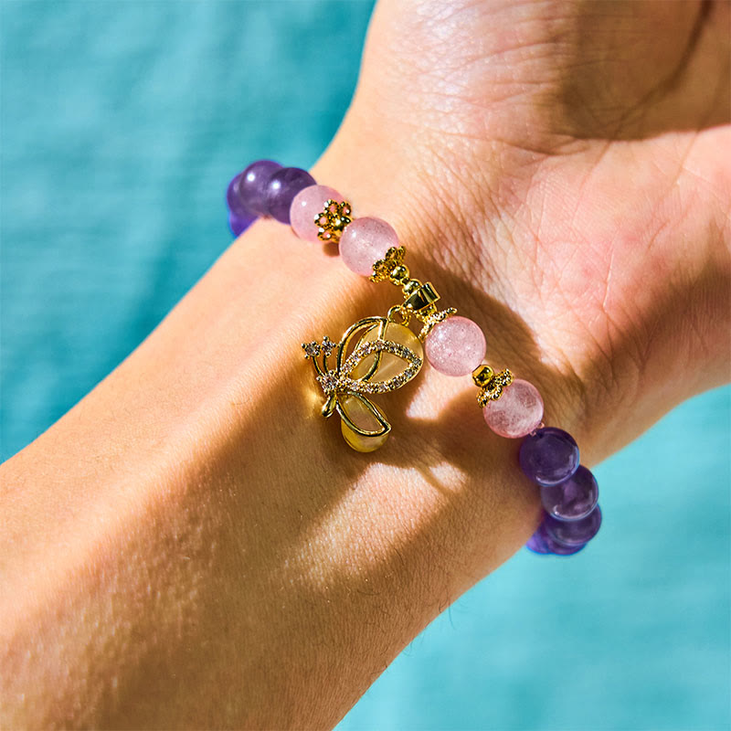 KarmaRipple's Authentic Amethyst Strawberry Quartz Gemstone Balancing Butterfly Talisman Bracelet p2