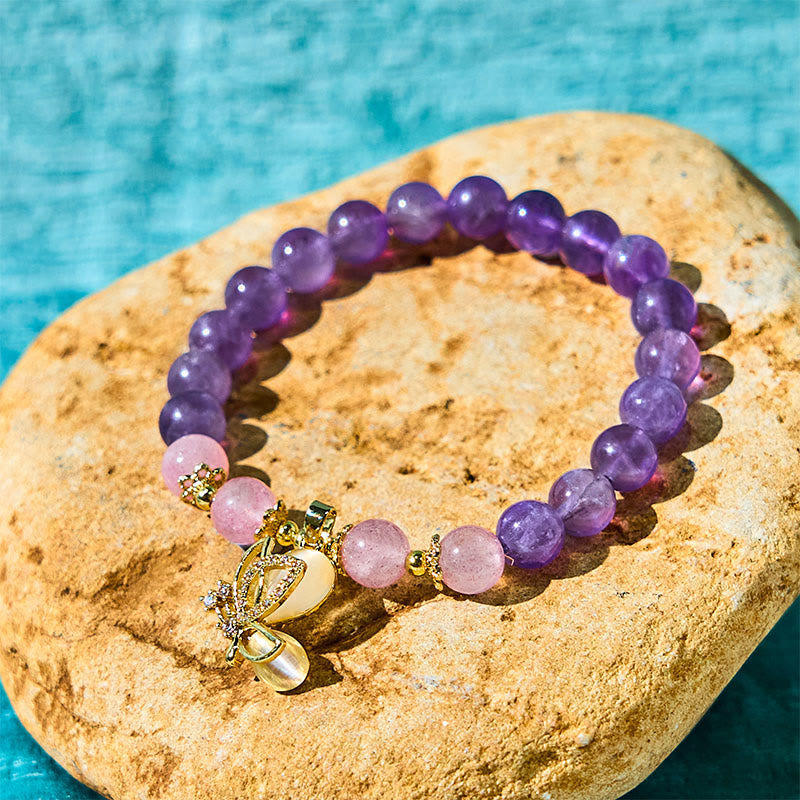 KarmaRipple's Authentic Amethyst Strawberry Quartz Gemstone Balancing Butterfly Talisman Bracelet p1