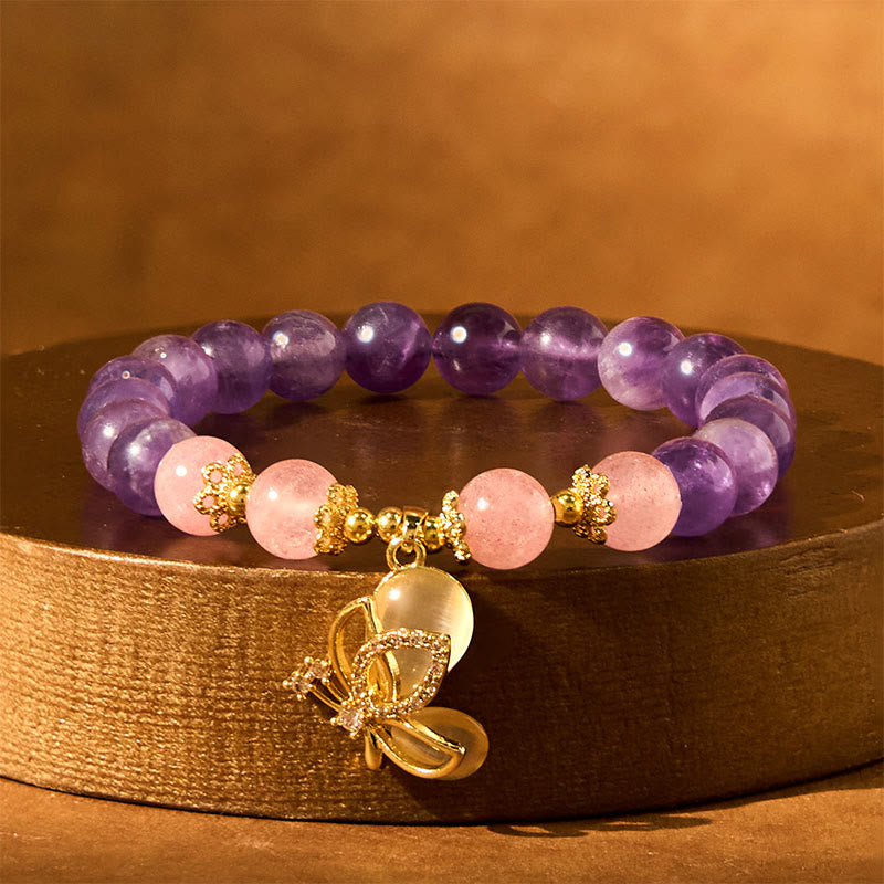 KarmaRipple's Authentic Amethyst Strawberry Quartz Gemstone Balancing Butterfly Talisman Bracelet p5