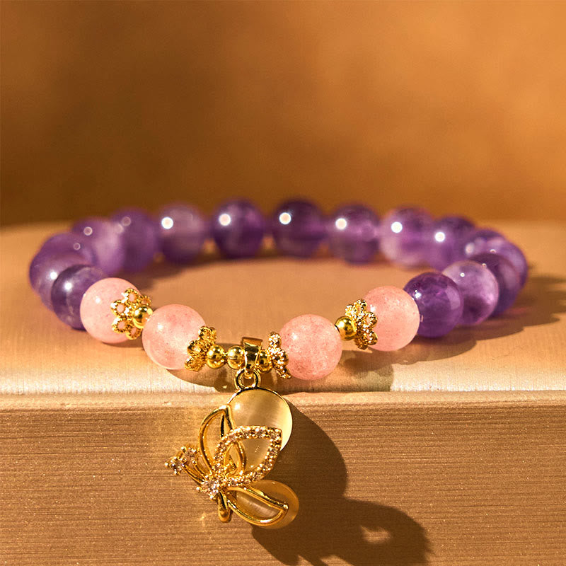 KarmaRipple's Authentic Amethyst Strawberry Quartz Gemstone Balancing Butterfly Talisman Bracelet p3