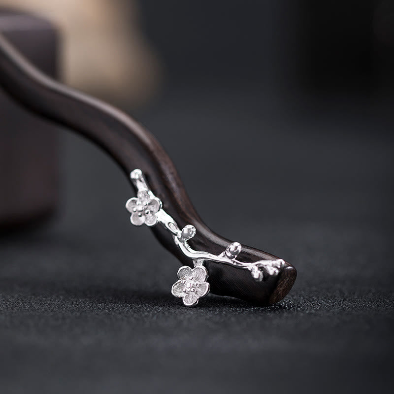 KarmaRipple's 925 Sterling Silver Classical Chinese Style Ebony Plum Blossom Blessing Hairpin p1