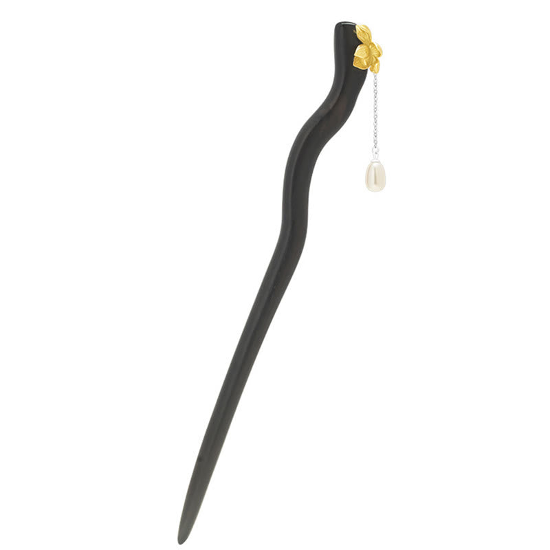 KarmaRipple's 925 Sterling Silver Classical Chinese Style Ebony Lotus Flower Pearl Tassel Blessing Hairpin p11