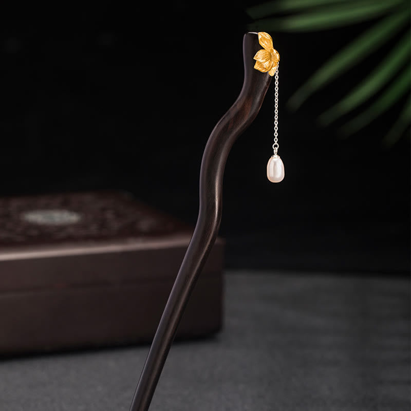 KarmaRipple's 925 Sterling Silver Classical Chinese Style Ebony Lotus Flower Pearl Tassel Blessing Hairpin p4