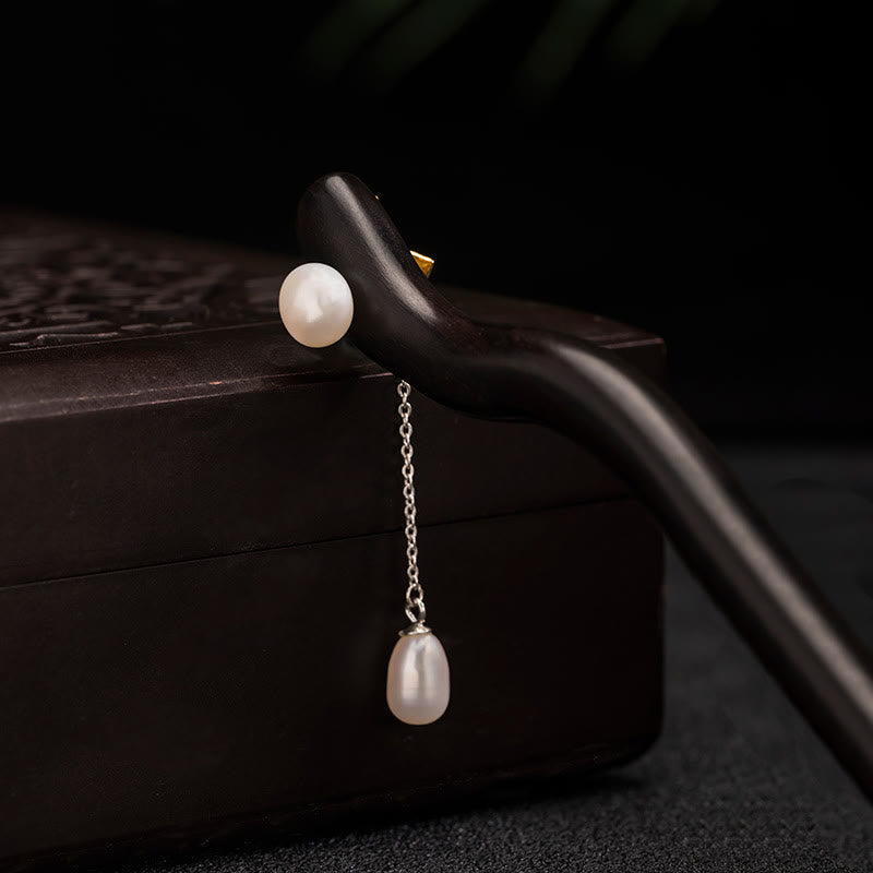 KarmaRipple's 925 Sterling Silver Classical Chinese Style Ebony Lotus Flower Pearl Tassel Blessing Hairpin p9