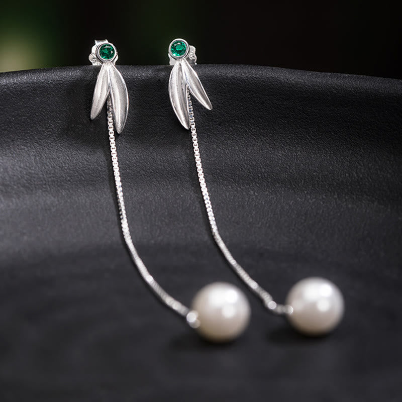 KarmaRipple's 925 Sterling Silver Zircon Pearl Bamboo Leaves Protection Drop Earrings p3