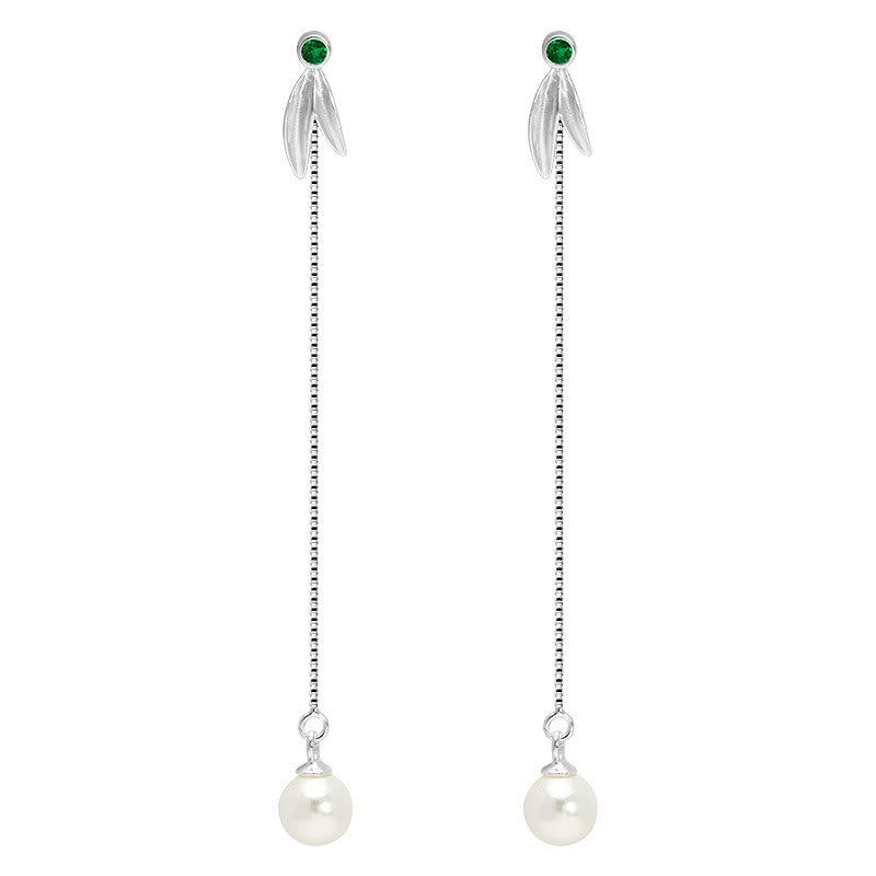 KarmaRipple's 925 Sterling Silver Zircon Pearl Bamboo Leaves Protection Drop Earrings p8