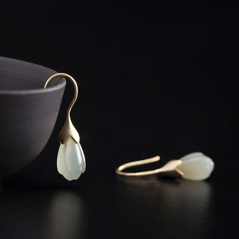 KarmaRipple's 925 Sterling Silver Hetian Jade Magnolia Abundance Drop Earrings p1