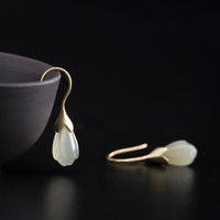 KarmaRipple's 925 Sterling Silver Hetian Jade Magnolia Abundance Drop Earrings
