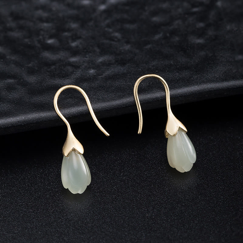 KarmaRipple's 925 Sterling Silver Hetian Jade Magnolia Abundance Drop Earrings p3