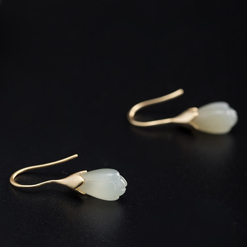 KarmaRipple's 925 Sterling Silver Hetian Jade Magnolia Abundance Drop Earrings p4