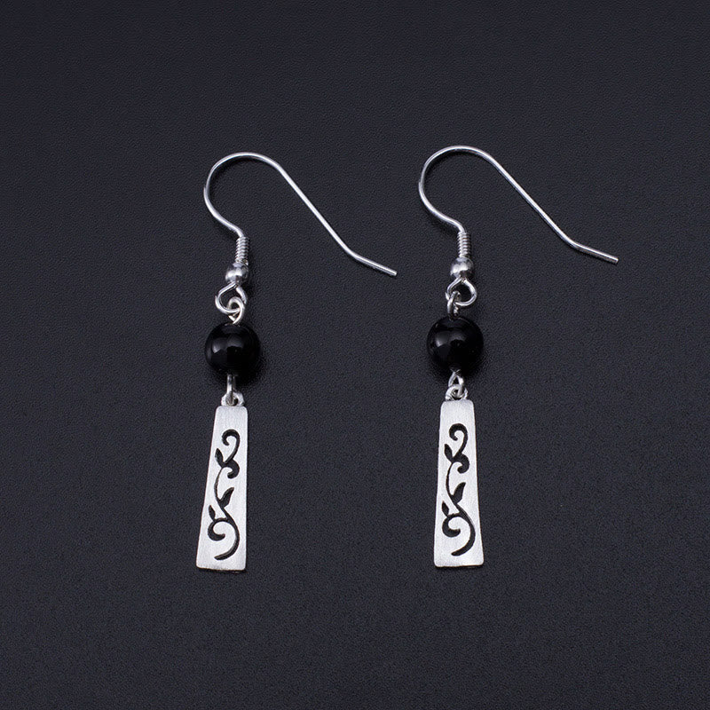 KarmaRipple's 925 Sterling Silver Black Onyx Hollow Vine Protection Drop Earrings p1
