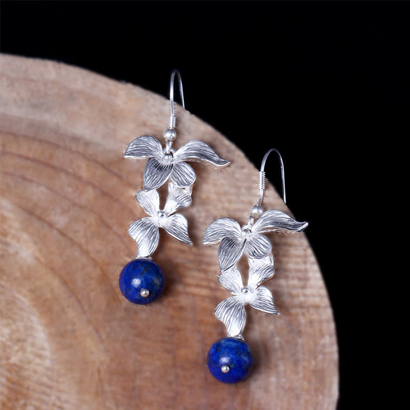 KarmaRipple's 925 Sterling Silver Lazurite Ethnic Style Flower Positive Drop Earrings p3