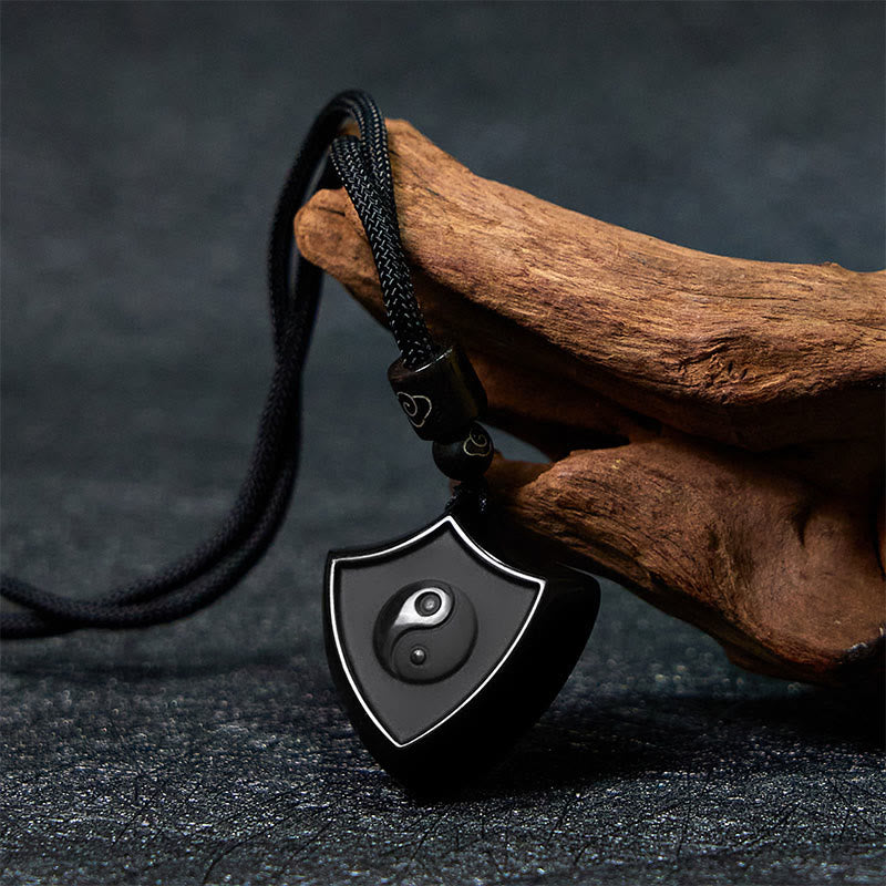 KarmaRipple's Black Obsidian Shield Pattern Yin Yang Symbol Strength Pendant Necklace p2