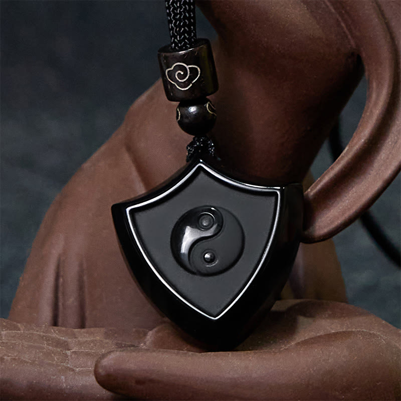 KarmaRipple's Black Obsidian Shield Pattern Yin Yang Symbol Strength Pendant Necklace p3