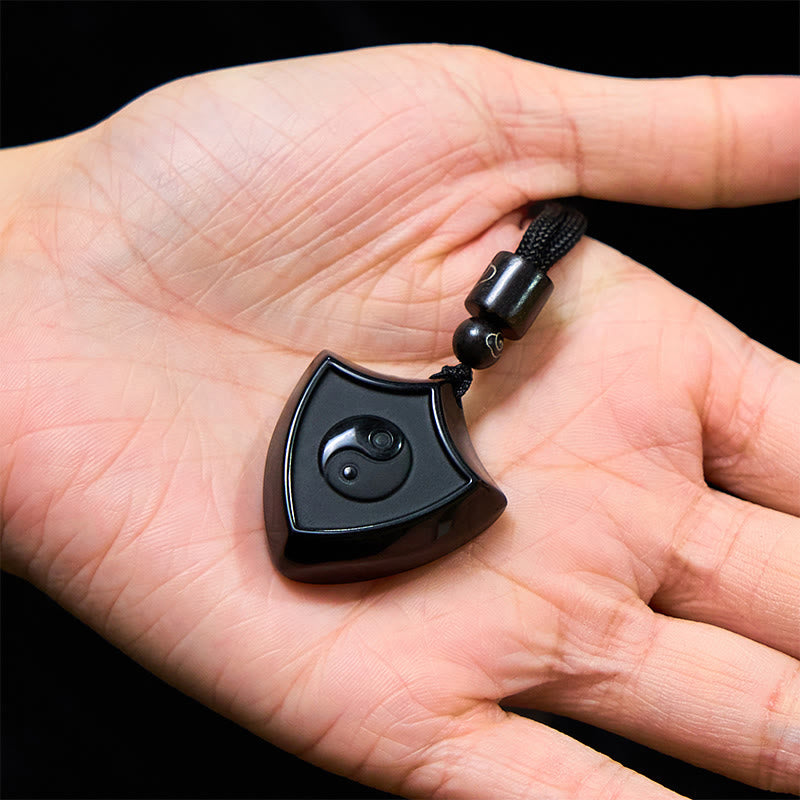 KarmaRipple's Black Obsidian Shield Pattern Yin Yang Symbol Strength Pendant Necklace p6