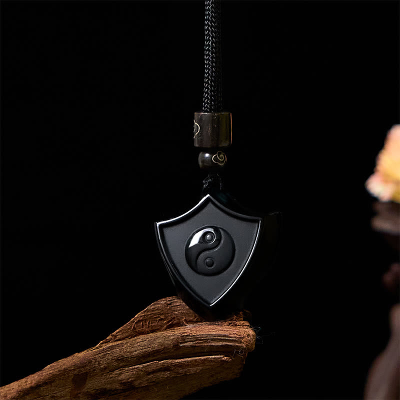 KarmaRipple's Black Obsidian Shield Pattern Yin Yang Symbol Strength Pendant Necklace p1