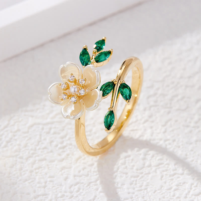 KarmaRipple's Pearl Flower Zircon Leaves Happiness Wealth Adjustable Ring p2