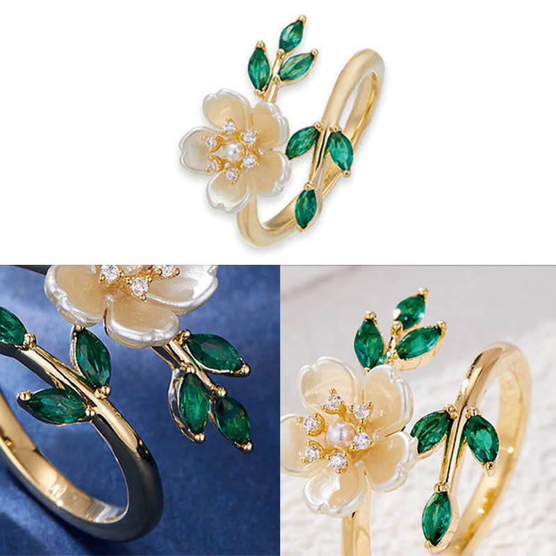 KarmaRipple's Pearl Flower Zircon Leaves Happiness Wealth Adjustable Ring p7