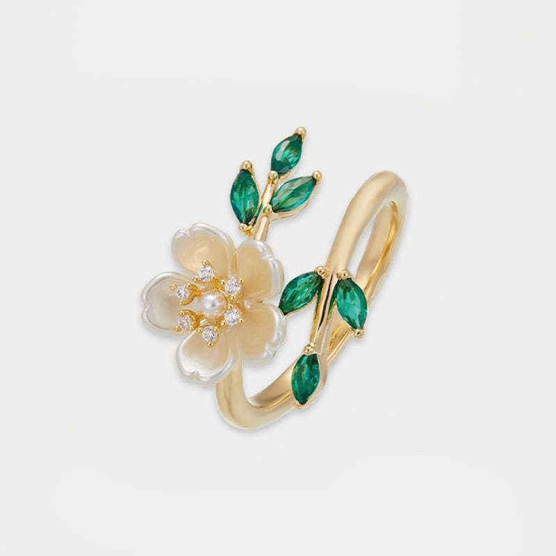 KarmaRipple's Pearl Flower Zircon Leaves Happiness Wealth Adjustable Ring p6