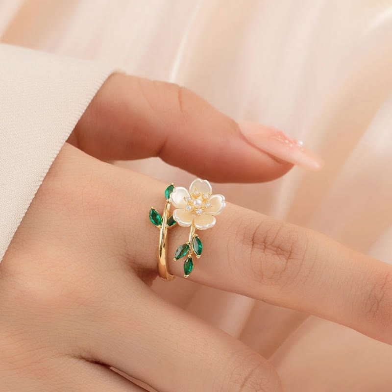 KarmaRipple's Pearl Flower Zircon Leaves Happiness Wealth Adjustable Ring p1
