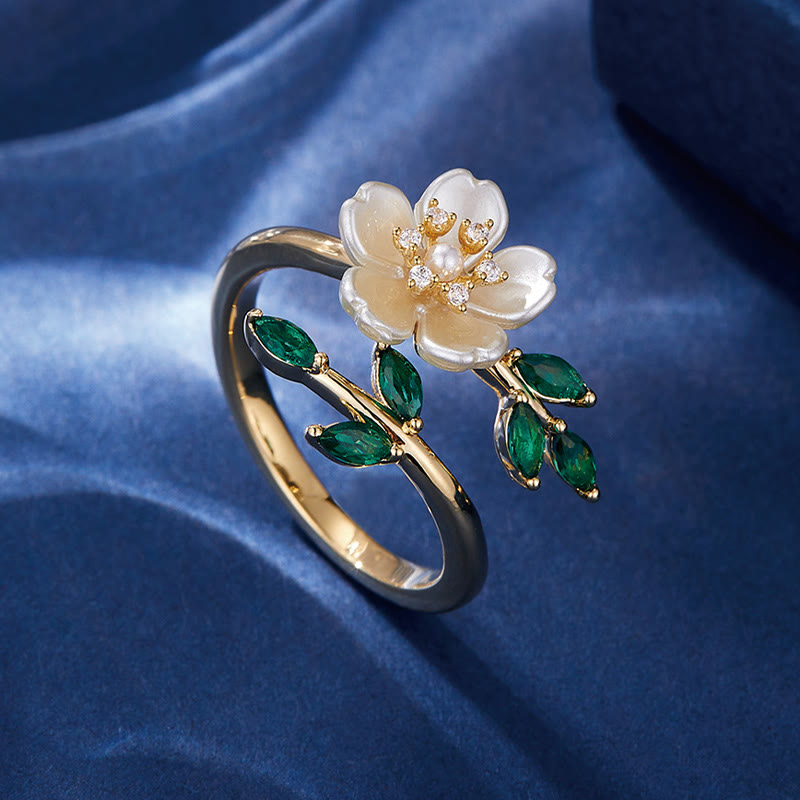 KarmaRipple's Pearl Flower Zircon Leaves Happiness Wealth Adjustable Ring p3
