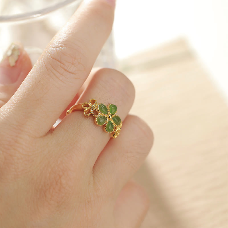 KarmaRipple's Authentic Hetian Jade 925 Sterling Silver Plated Gold Flower Adjustable Prosperity Ring p5