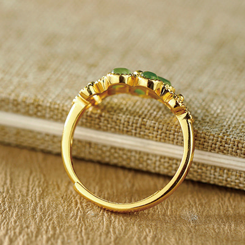 KarmaRipple's Authentic Hetian Jade 925 Sterling Silver Plated Gold Flower Adjustable Prosperity Ring p9