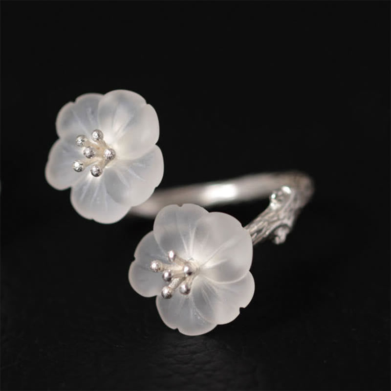 KarmaRipple's 925 Sterling Silver Ivory Gemstone Double Plum Blossom Flower Adjustable Protection Ring p1