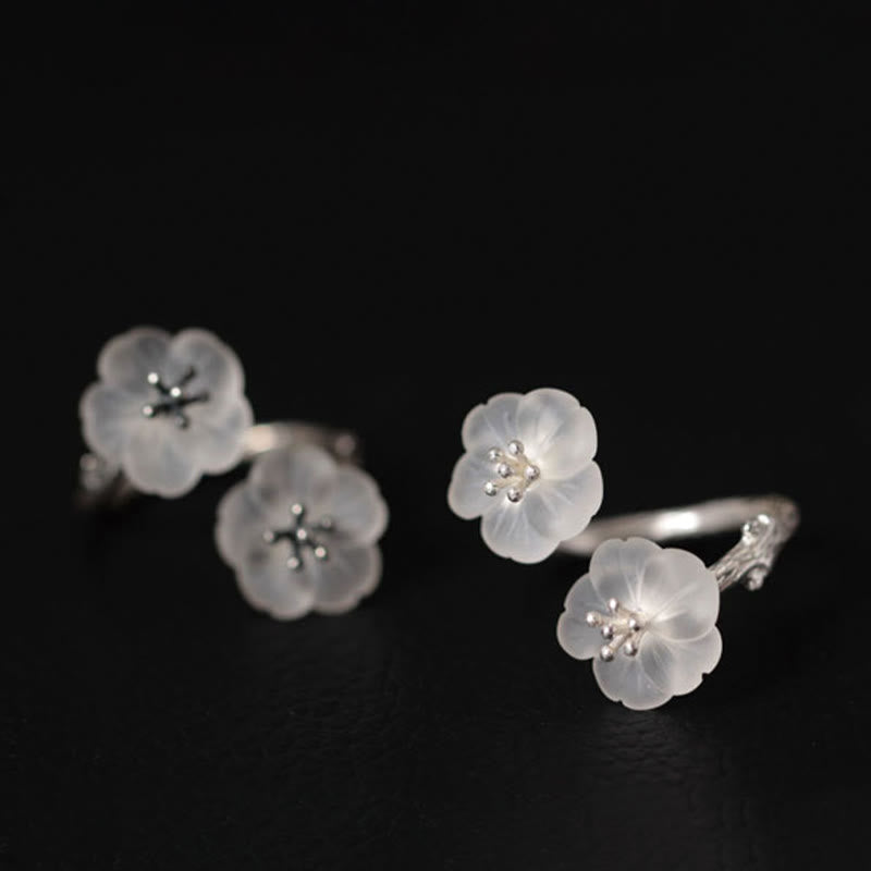 KarmaRipple's 925 Sterling Silver Ivory Gemstone Double Plum Blossom Flower Adjustable Protection Ring p3