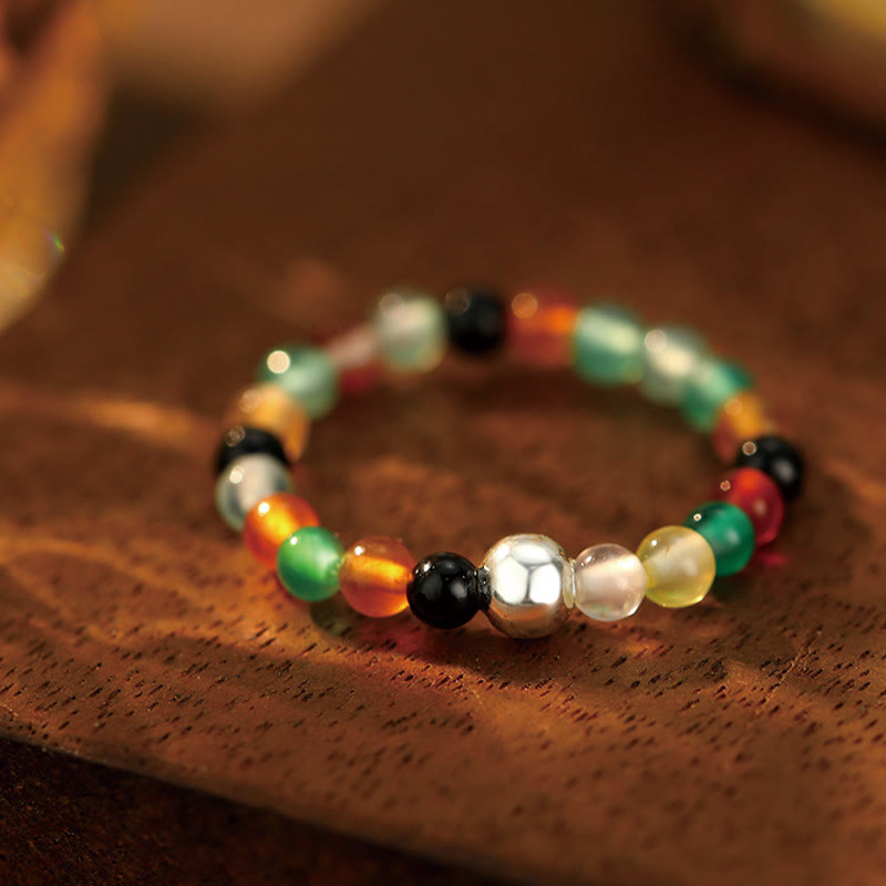 KarmaRipple's 925 Sterling Silver Gemstone Beadwork Ivory Jade Black Onyx Blessing Elastic Ring p49