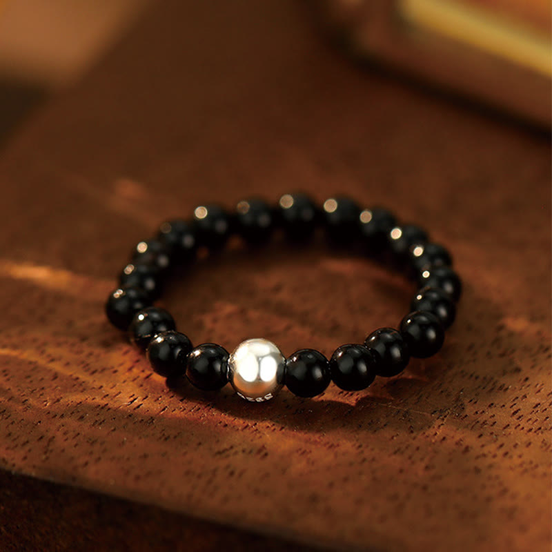 KarmaRipple's 925 Sterling Silver Gemstone Beadwork Ivory Jade Black Onyx Blessing Elastic Ring p2