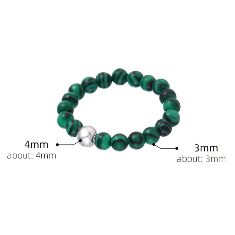 KarmaRipple's 925 Sterling Silver Gemstone Beadwork Ivory Jade Black Onyx Blessing Elastic Ring p25