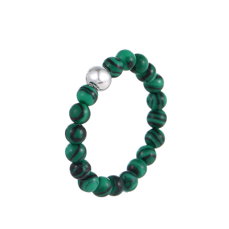 KarmaRipple's 925 Sterling Silver Gemstone Beadwork Ivory Jade Black Onyx Blessing Elastic Ring p24