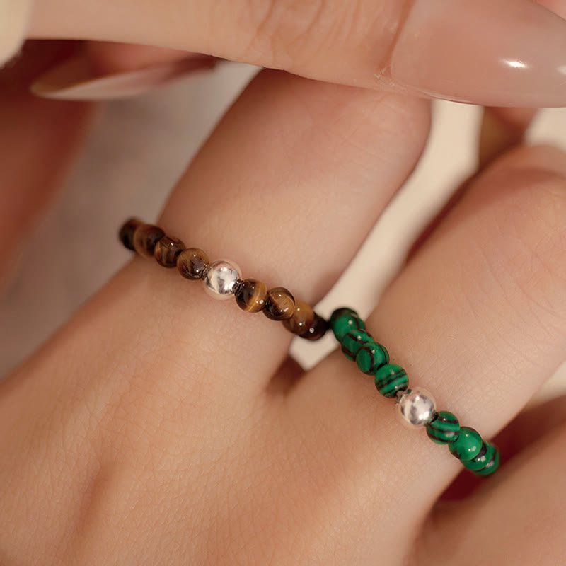 KarmaRipple's 925 Sterling Silver Gemstone Beadwork Ivory Jade Black Onyx Blessing Elastic Ring p18