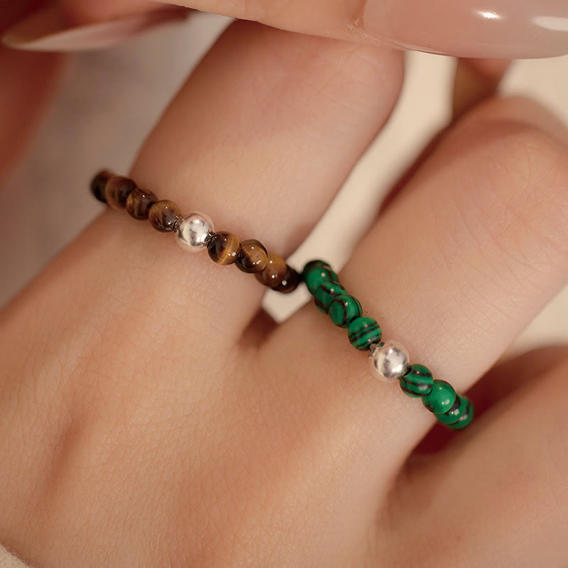 KarmaRipple's 925 Sterling Silver Gemstone Beadwork Ivory Jade Black Onyx Blessing Elastic Ring p22