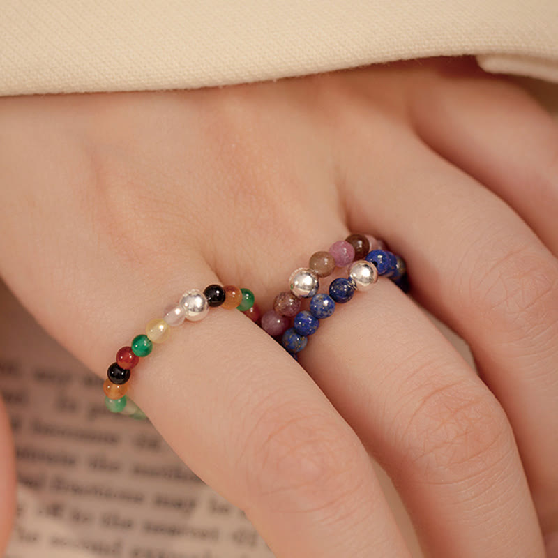 KarmaRipple's 925 Sterling Silver Gemstone Beadwork Ivory Jade Black Onyx Blessing Elastic Ring p33
