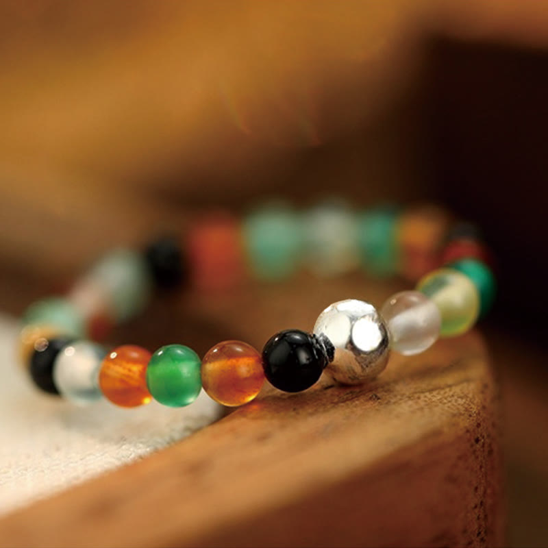 KarmaRipple's 925 Sterling Silver Gemstone Beadwork Ivory Jade Black Onyx Blessing Elastic Ring p32