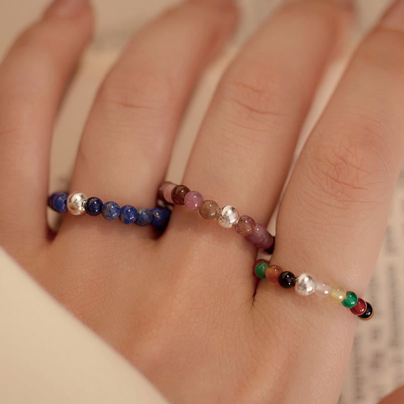 KarmaRipple's 925 Sterling Silver Gemstone Beadwork Ivory Jade Black Onyx Blessing Elastic Ring p35