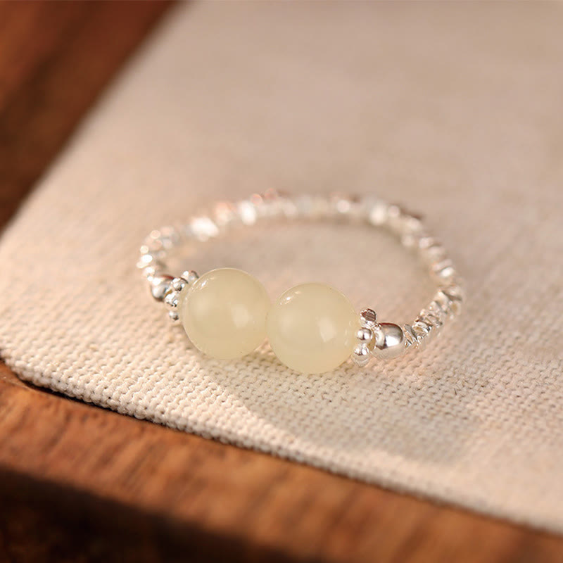 KarmaRipple's 925 Sterling Silver Authentic Small Hetian Jade Bead Fortune Elastic Ring p3