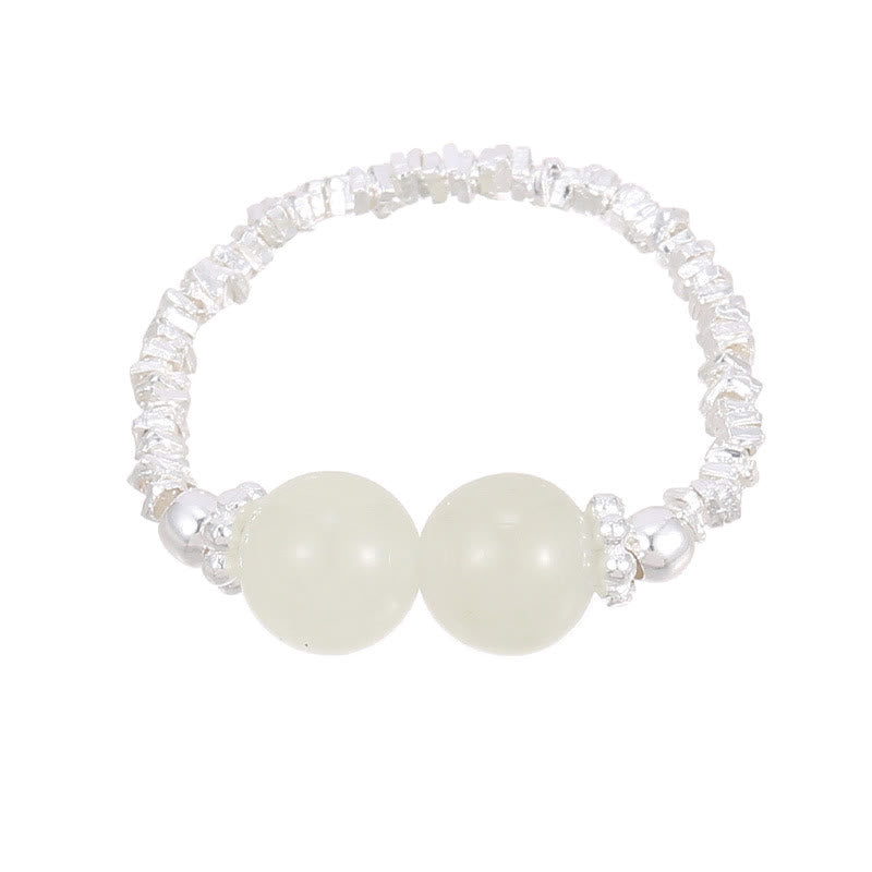 KarmaRipple's 925 Sterling Silver Authentic Small Hetian Jade Bead Fortune Elastic Ring p10
