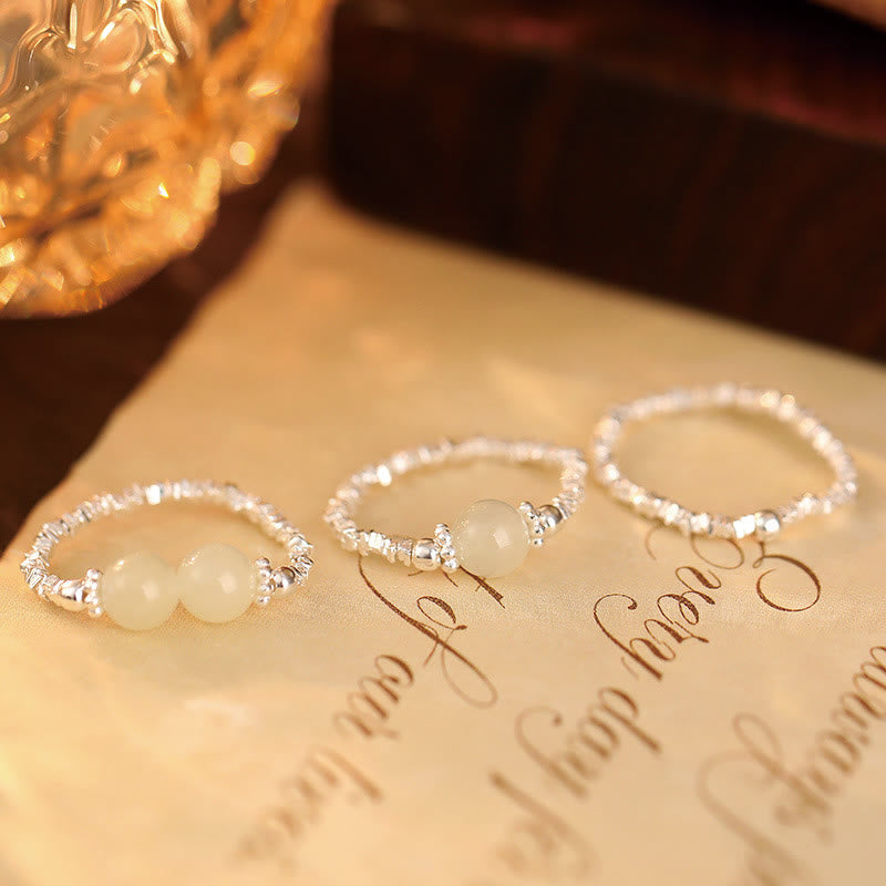 KarmaRipple's 925 Sterling Silver Authentic Small Hetian Jade Bead Fortune Elastic Ring p15