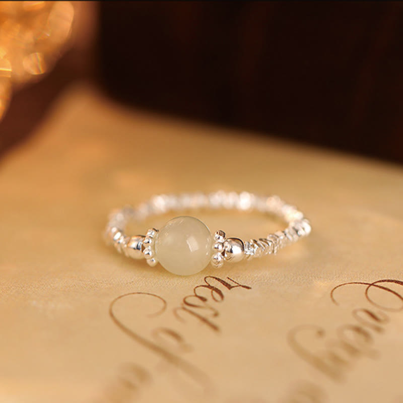 KarmaRipple's 925 Sterling Silver Authentic Small Hetian Jade Bead Fortune Elastic Ring p8