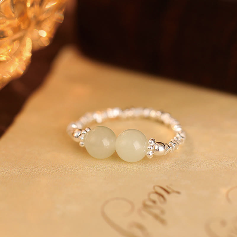 KarmaRipple's 925 Sterling Silver Authentic Small Hetian Jade Bead Fortune Elastic Ring p9