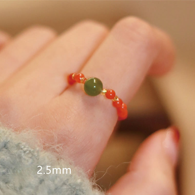 KarmaRipple's 925 Sterling Silver Authentic Small Hetian Jade Red Agate Pearl Bead Prosperity Elastic Ring p16