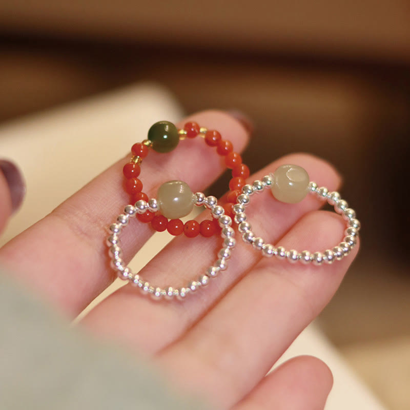 KarmaRipple's 925 Sterling Silver Authentic Small Hetian Jade Red Agate Pearl Bead Prosperity Elastic Ring p9