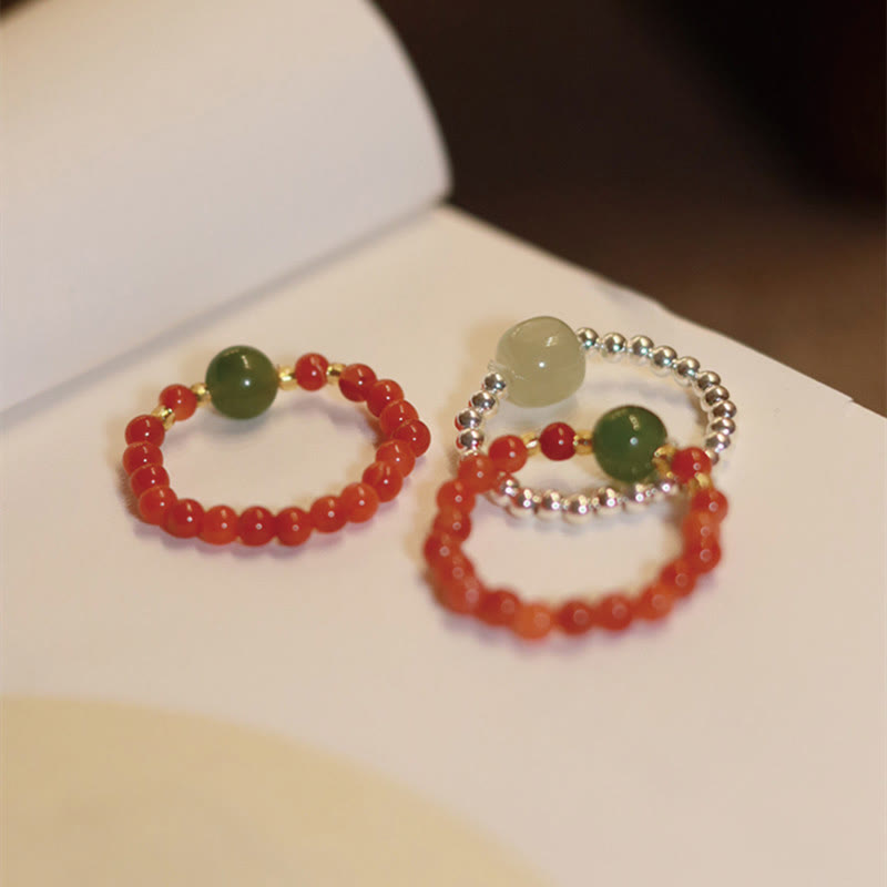 KarmaRipple's 925 Sterling Silver Authentic Small Hetian Jade Red Agate Pearl Bead Prosperity Elastic Ring p11