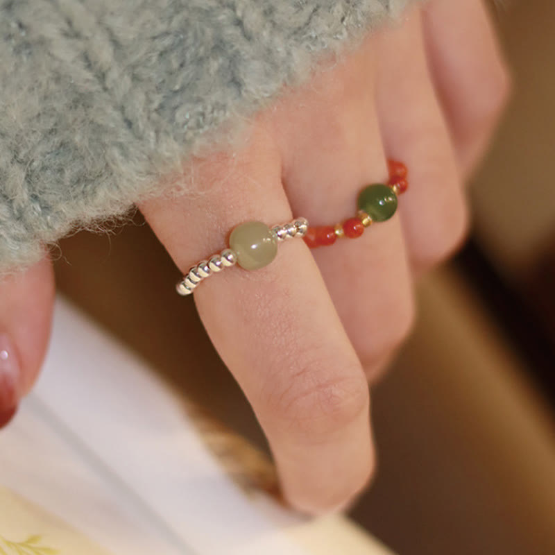 KarmaRipple's 925 Sterling Silver Authentic Small Hetian Jade Red Agate Pearl Bead Prosperity Elastic Ring p5