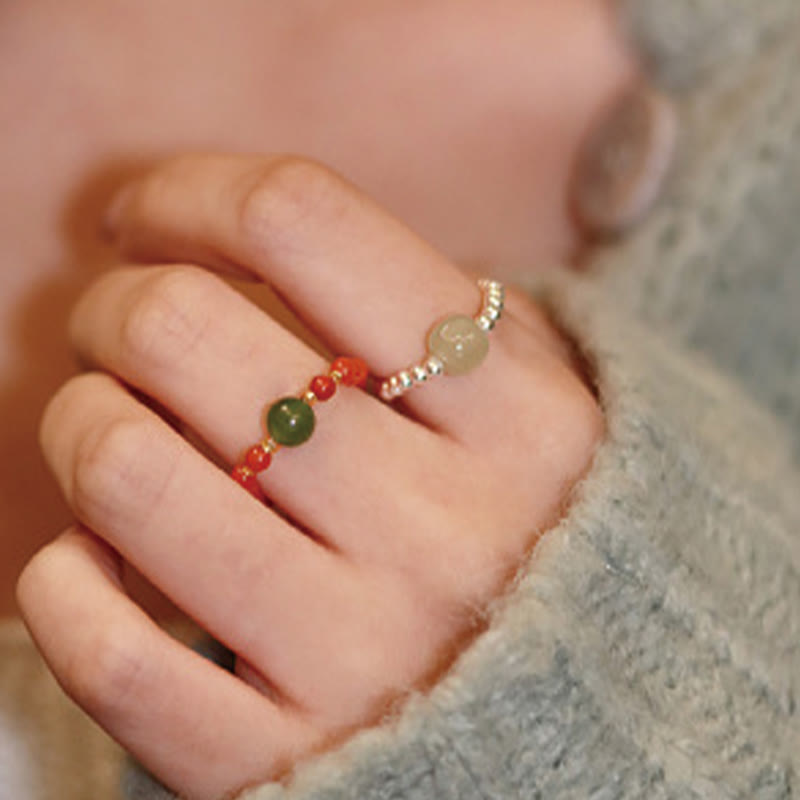 KarmaRipple's 925 Sterling Silver Authentic Small Hetian Jade Red Agate Pearl Bead Prosperity Elastic Ring p13